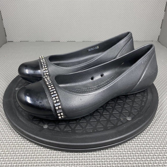 CROCS Shoes - Crocs Cap Toe Flat Womens 8 Black Rhinestone Accent Slip On Casual Shoe